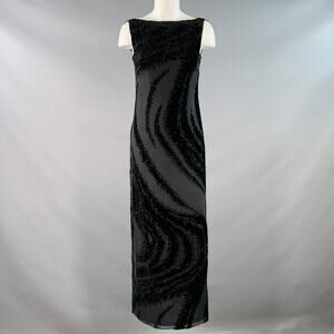 LAFAYETTE 148 2P Black Rayon Silk Beaded Burnout Sleeveless Long Cocktail Dress
